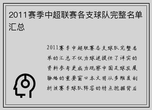 2011赛季中超联赛各支球队完整名单汇总